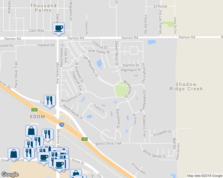map of restaurants, bars, coffee shops, grocery stores, and more near 32701 San Miguelito Drive in Thousand Palms
