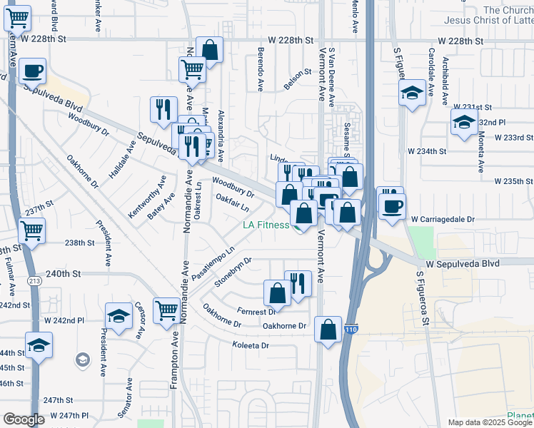 map of restaurants, bars, coffee shops, grocery stores, and more near 23718 Pasatiempo Lane in West Carson