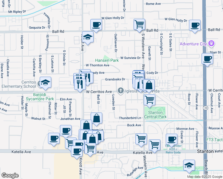 map of restaurants, bars, coffee shops, grocery stores, and more near 7232 West Cerritos Avenue in Stanton