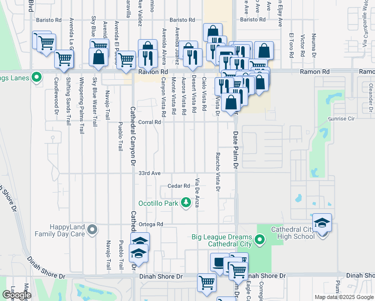 map of restaurants, bars, coffee shops, grocery stores, and more near 32770 Aurora Vista Road in Cathedral City