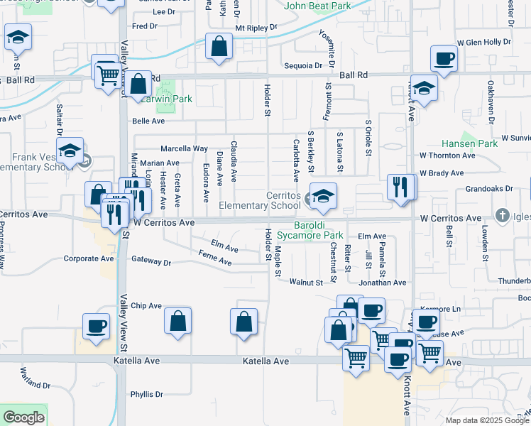 map of restaurants, bars, coffee shops, grocery stores, and more near 6467 West Cerritos Avenue in Buena Park