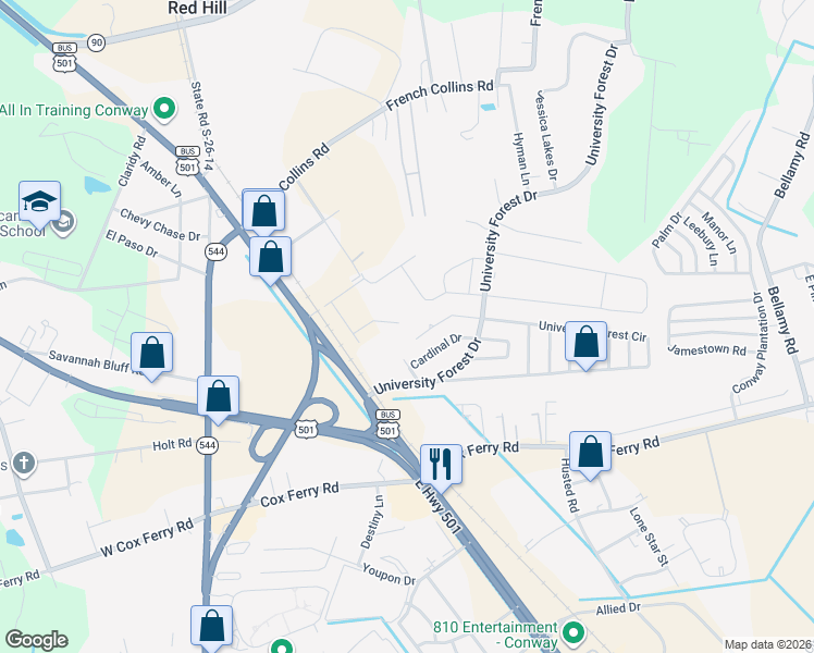 map of restaurants, bars, coffee shops, grocery stores, and more near 831 Esther Court in Conway