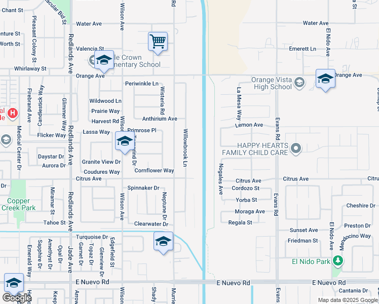 map of restaurants, bars, coffee shops, grocery stores, and more near 2135 Willowbrook Lane in Perris