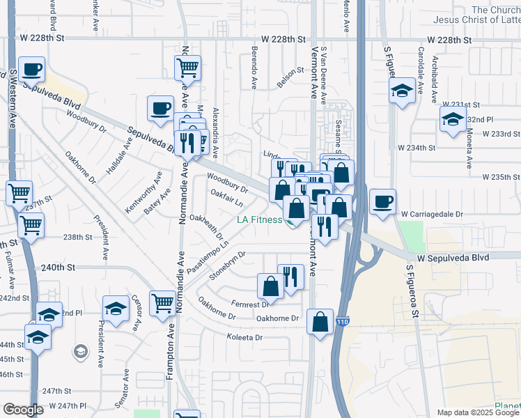 map of restaurants, bars, coffee shops, grocery stores, and more near 23718 Pasatiempo Lane in West Carson
