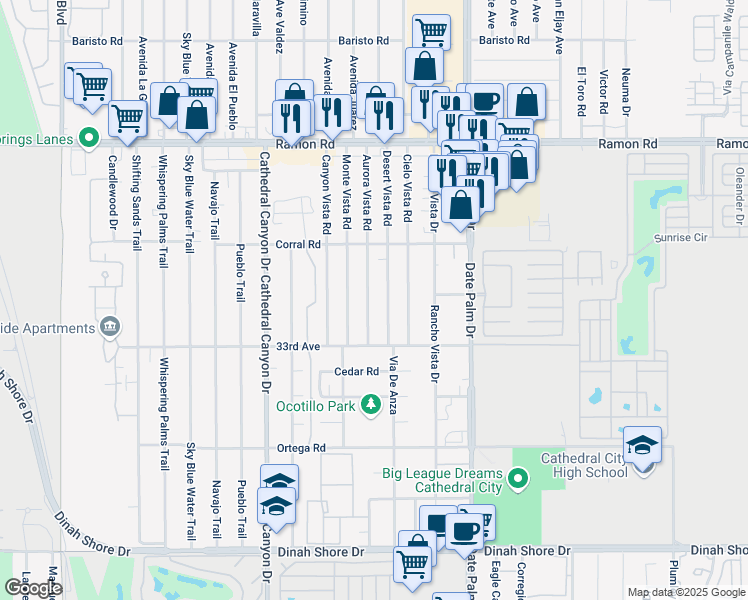 map of restaurants, bars, coffee shops, grocery stores, and more near 32790 Desert Vista Road in Cathedral City
