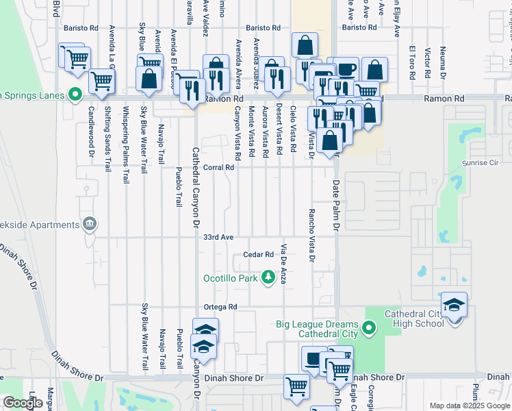 map of restaurants, bars, coffee shops, grocery stores, and more near 32820 Monte Vista Road in Cathedral City