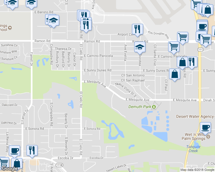 map of restaurants, bars, coffee shops, grocery stores, and more near 890 El Placer Road in Palm Springs