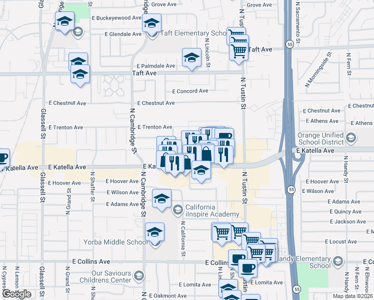 map of restaurants, bars, coffee shops, grocery stores, and more near 1315 North Glassell Street in Orange