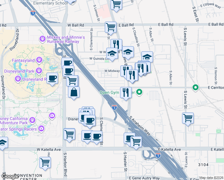 map of restaurants, bars, coffee shops, grocery stores, and more near Santa Ana Fwy in Anaheim