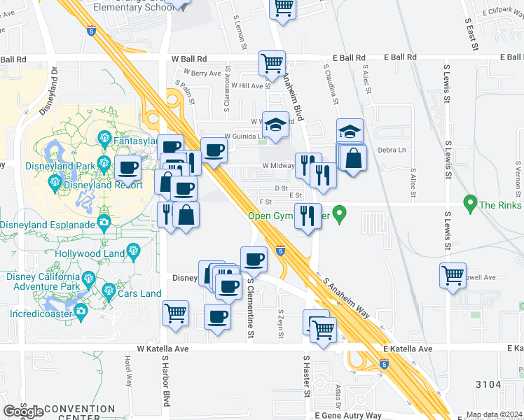 map of restaurants, bars, coffee shops, grocery stores, and more near Santa Ana Fwy in Anaheim