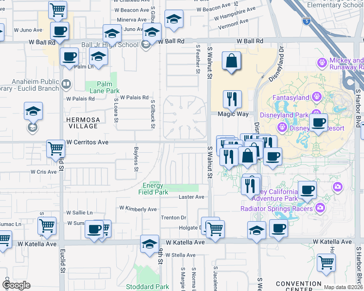 map of restaurants, bars, coffee shops, grocery stores, and more near 1324 West Cerritos Avenue in Anaheim