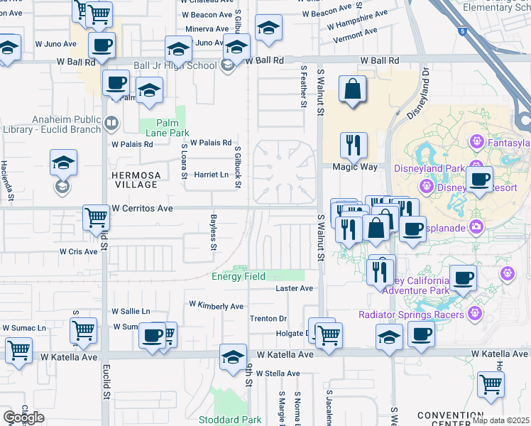 map of restaurants, bars, coffee shops, grocery stores, and more near 1513 South Hampstead Street in Anaheim