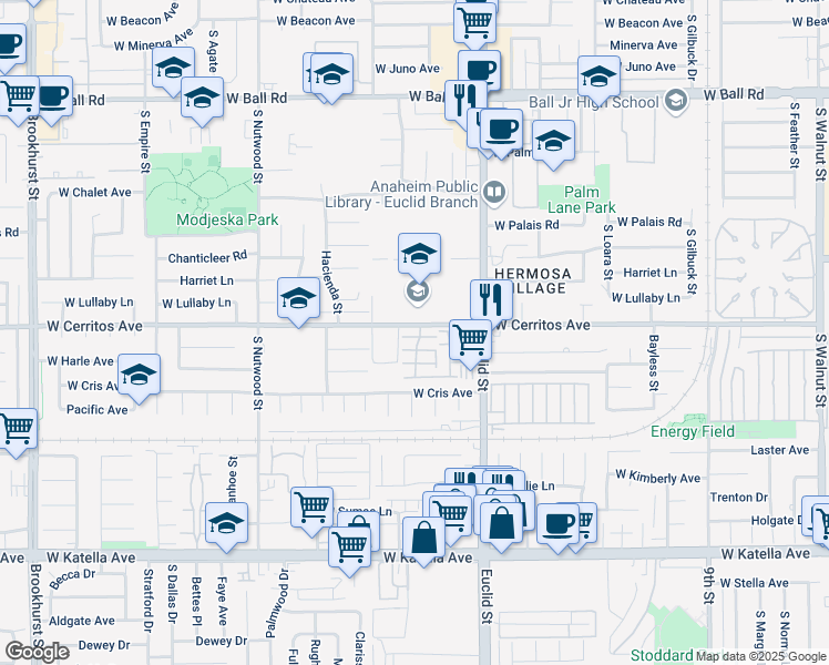 map of restaurants, bars, coffee shops, grocery stores, and more near 1700 West Cerritos Avenue in Anaheim