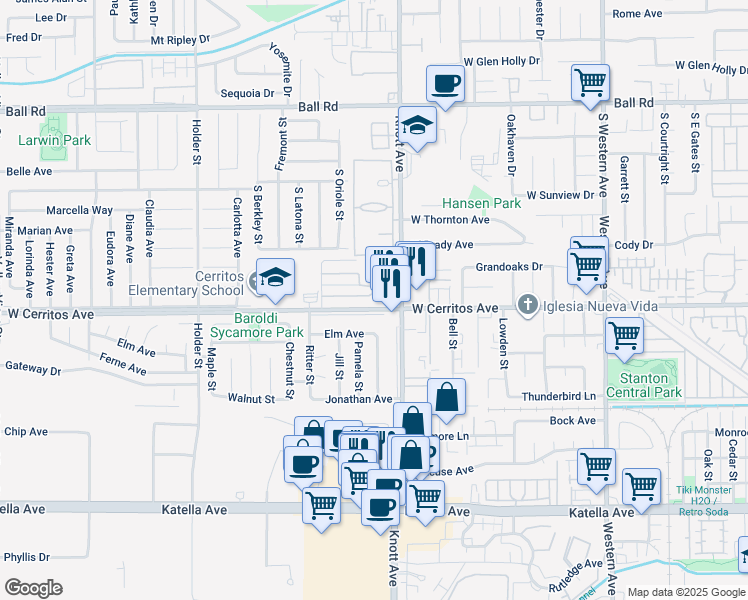 map of restaurants, bars, coffee shops, grocery stores, and more near 6901 West Cerritos Avenue in Cypress