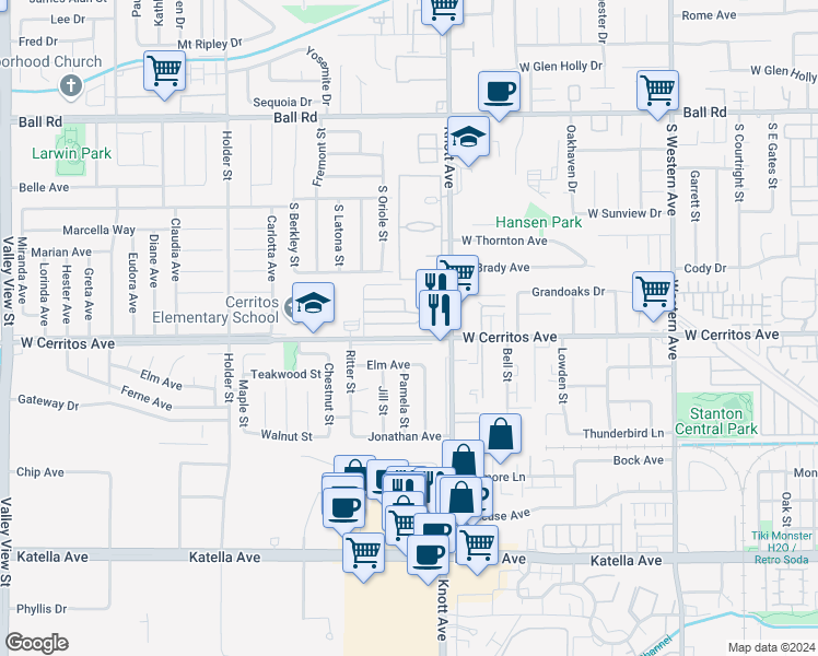 map of restaurants, bars, coffee shops, grocery stores, and more near 6901 West Cerritos Avenue in Cypress