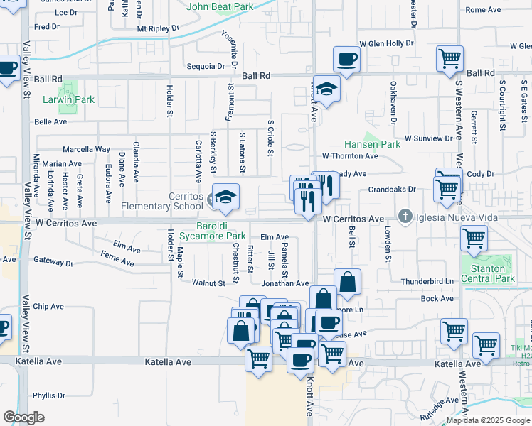 map of restaurants, bars, coffee shops, grocery stores, and more near 3575 West Cerritos Avenue in Anaheim