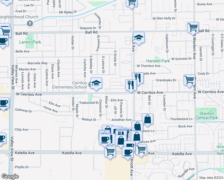 map of restaurants, bars, coffee shops, grocery stores, and more near 3575 West Cerritos Avenue in Anaheim