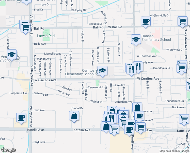 map of restaurants, bars, coffee shops, grocery stores, and more near 10490 Carlotta Avenue in Buena Park