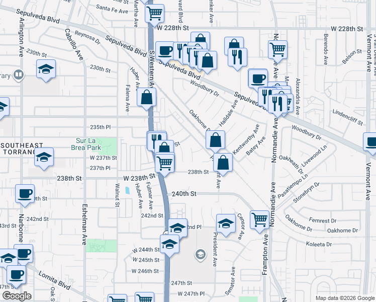 map of restaurants, bars, coffee shops, grocery stores, and more near 23720 Maidstone Place in Los Angeles