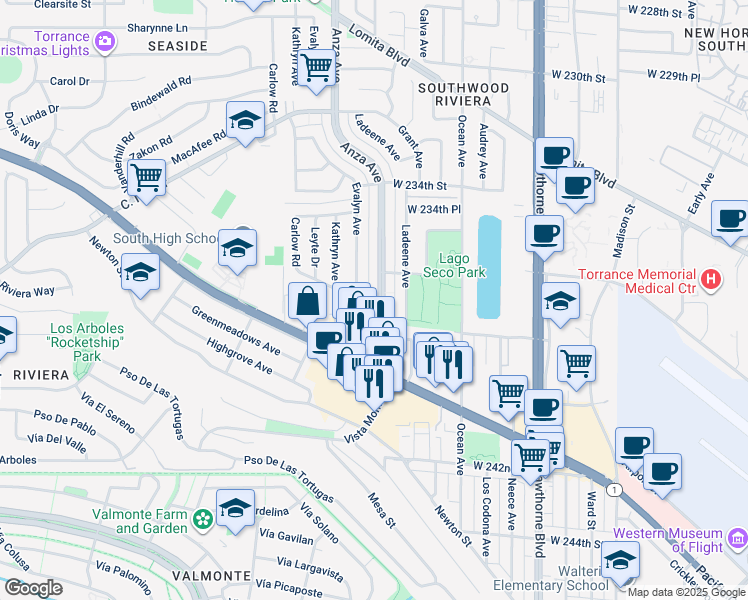 map of restaurants, bars, coffee shops, grocery stores, and more near 23804 Anza Avenue in Torrance