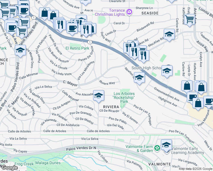 map of restaurants, bars, coffee shops, grocery stores, and more near 439 Vía El Chico in Redondo Beach