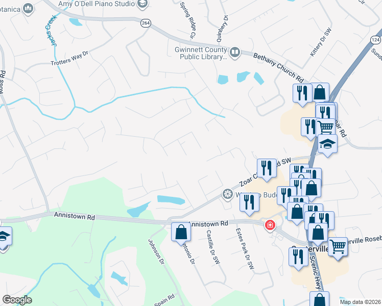 map of restaurants, bars, coffee shops, grocery stores, and more near 3176 Taffy Lane in Snellville