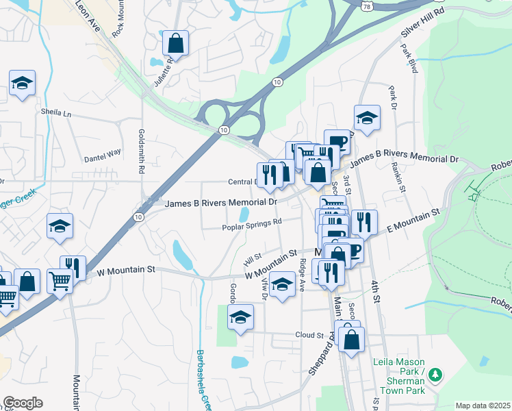 map of restaurants, bars, coffee shops, grocery stores, and more near 6515 James B Rivers Memorial Drive in Stone Mountain