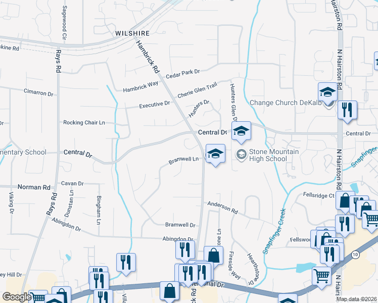 map of restaurants, bars, coffee shops, grocery stores, and more near 1098 Bramwell Lane in Stone Mountain