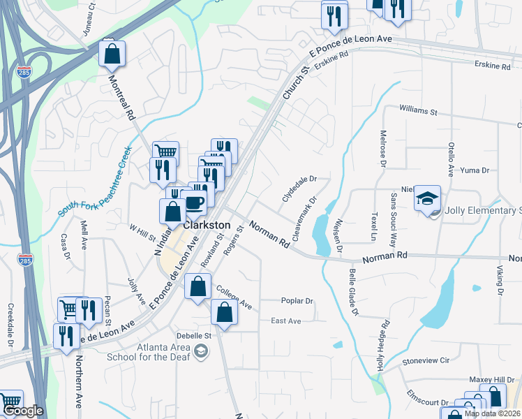 map of restaurants, bars, coffee shops, grocery stores, and more near 3730 Norman Road in Clarkston