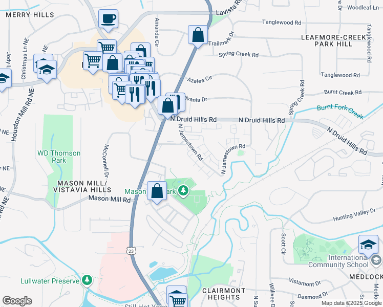 map of restaurants, bars, coffee shops, grocery stores, and more near 1110 Central Park Road in Decatur