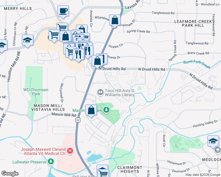 map of restaurants, bars, coffee shops, grocery stores, and more near 1110 Central Park Road in Decatur