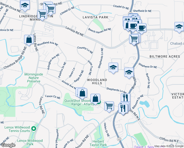 map of restaurants, bars, coffee shops, grocery stores, and more near 1099 Vista Trail Northeast in Atlanta