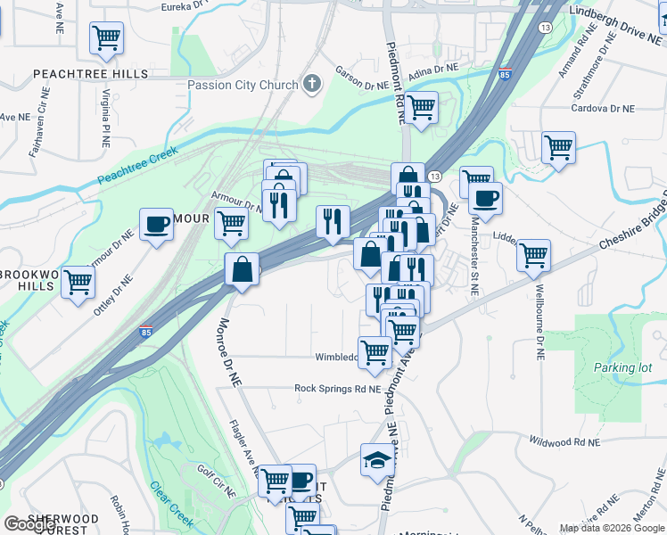 map of restaurants, bars, coffee shops, grocery stores, and more near 2000 Monroe Place Northeast in Atlanta