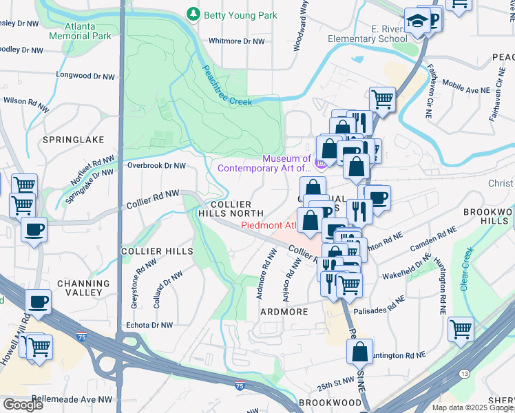 map of restaurants, bars, coffee shops, grocery stores, and more near 349 Redland Road Northwest in Atlanta