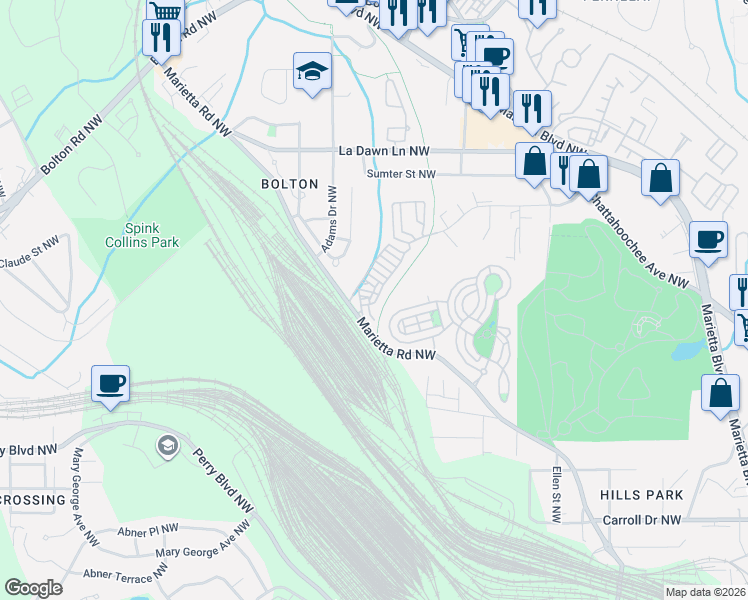 map of restaurants, bars, coffee shops, grocery stores, and more near 1814 Brooks Drive NW in Atlanta