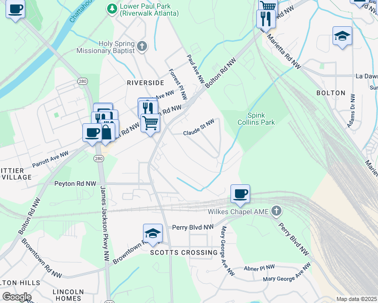 map of restaurants, bars, coffee shops, grocery stores, and more near 1991 Spink Street Northwest in Atlanta