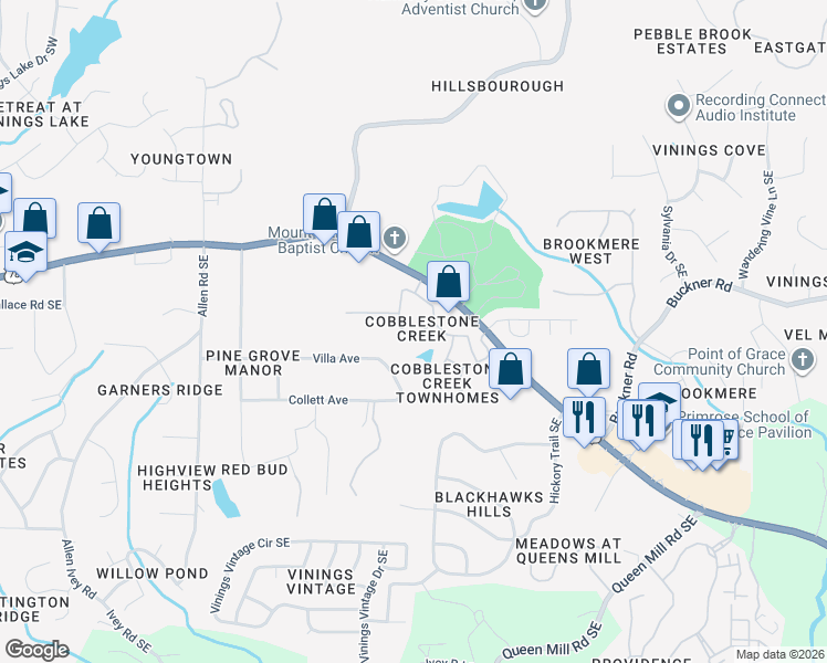 map of restaurants, bars, coffee shops, grocery stores, and more near 5881 Cobblestone Creek Circle in Mableton