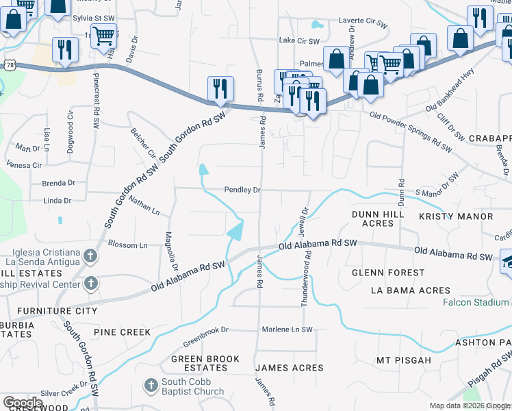 map of restaurants, bars, coffee shops, grocery stores, and more near 1502 Pine Circle in Austell