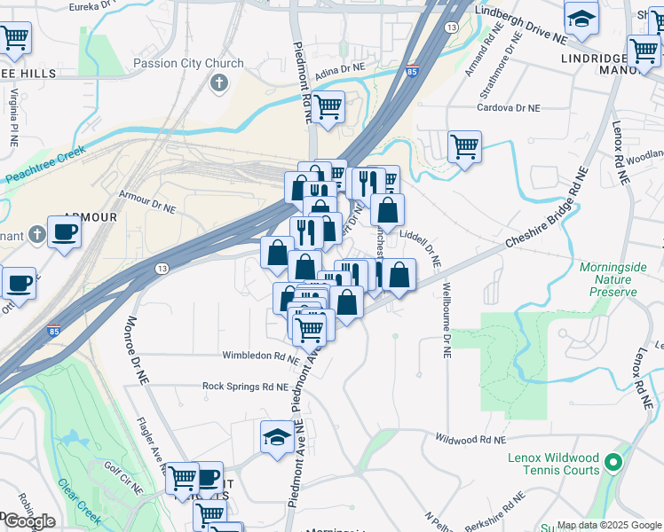 map of restaurants, bars, coffee shops, grocery stores, and more near 1907B Piedmont Road Northeast in Atlanta