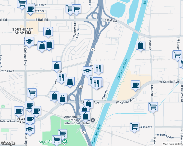 map of restaurants, bars, coffee shops, grocery stores, and more near 1500 South Douglass Road in Anaheim
