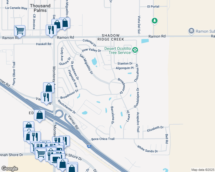 map of restaurants, bars, coffee shops, grocery stores, and more near 32701 San Miguelito Drive in Thousand Palms
