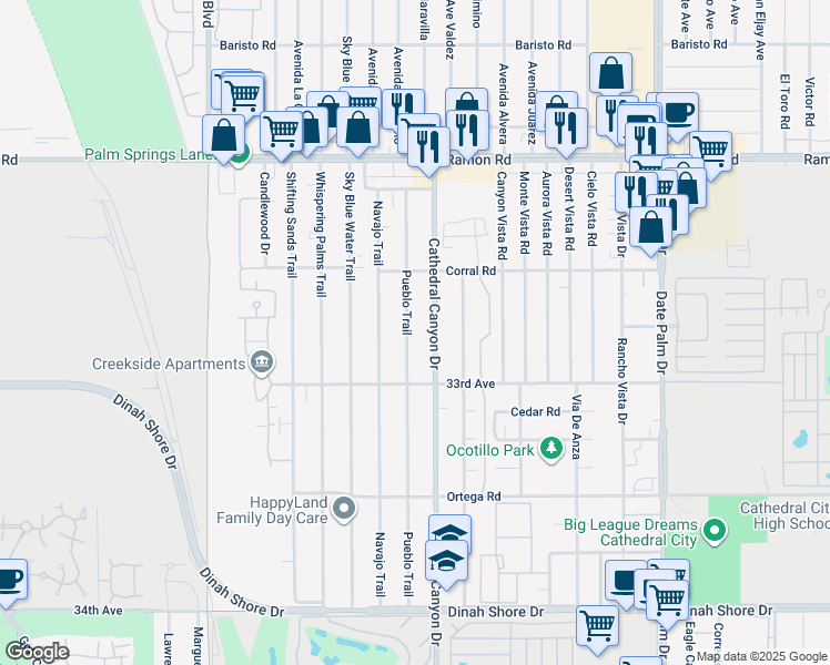 map of restaurants, bars, coffee shops, grocery stores, and more near 32768 Pueblo Trail in Cathedral City