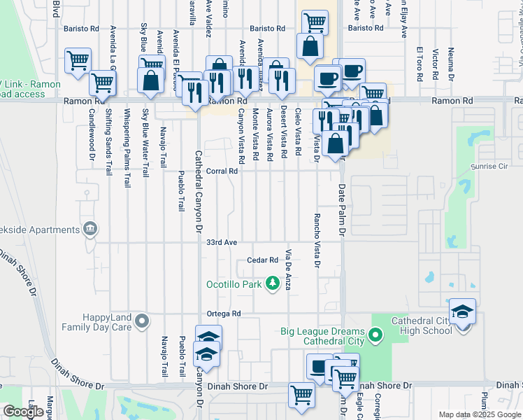 map of restaurants, bars, coffee shops, grocery stores, and more near 32820 Monte Vista Road in Cathedral City