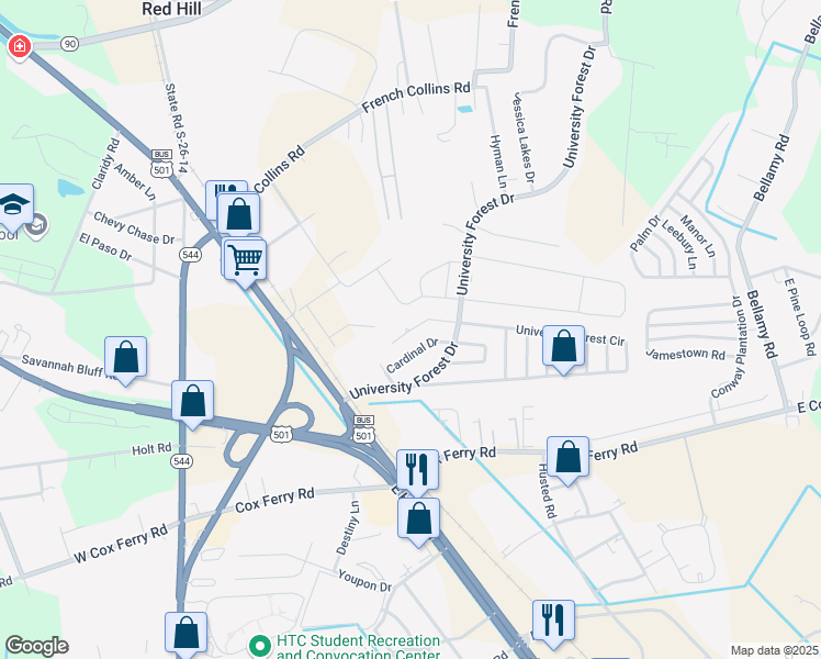 map of restaurants, bars, coffee shops, grocery stores, and more near 898 Esther Court in Conway