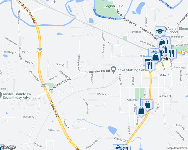 map of restaurants, bars, coffee shops, grocery stores, and more near 5911 Peco Lane in Austell