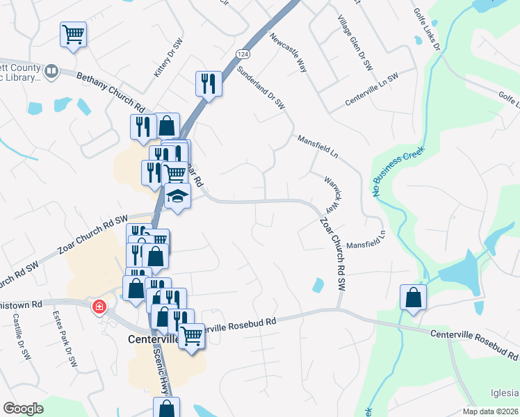 map of restaurants, bars, coffee shops, grocery stores, and more near 3408 Allie Drive Southwest in Snellville