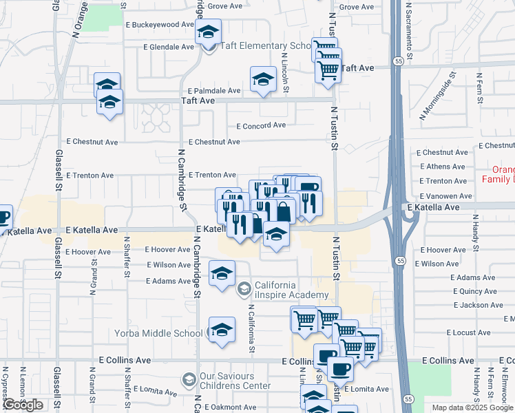 map of restaurants, bars, coffee shops, grocery stores, and more near 1304 East Carleton Avenue in Orange