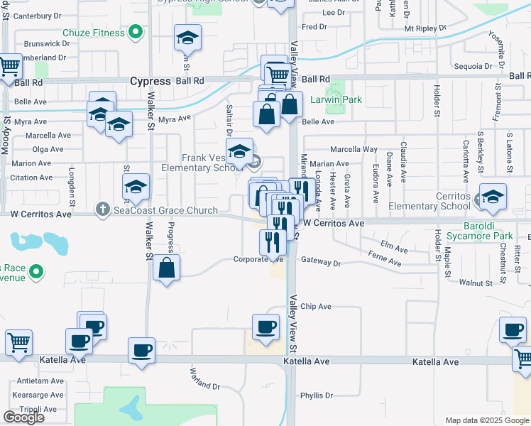 map of restaurants, bars, coffee shops, grocery stores, and more near 5917 West Cerritos Avenue in Cypress
