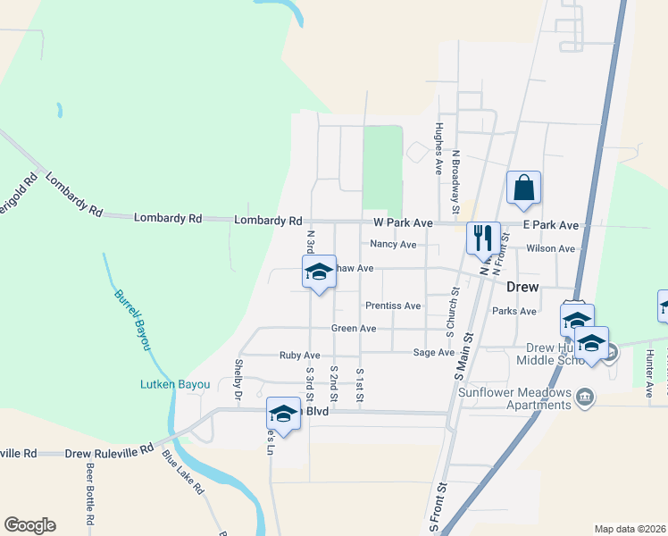 map of restaurants, bars, coffee shops, grocery stores, and more near 100 North 2nd Street in Drew