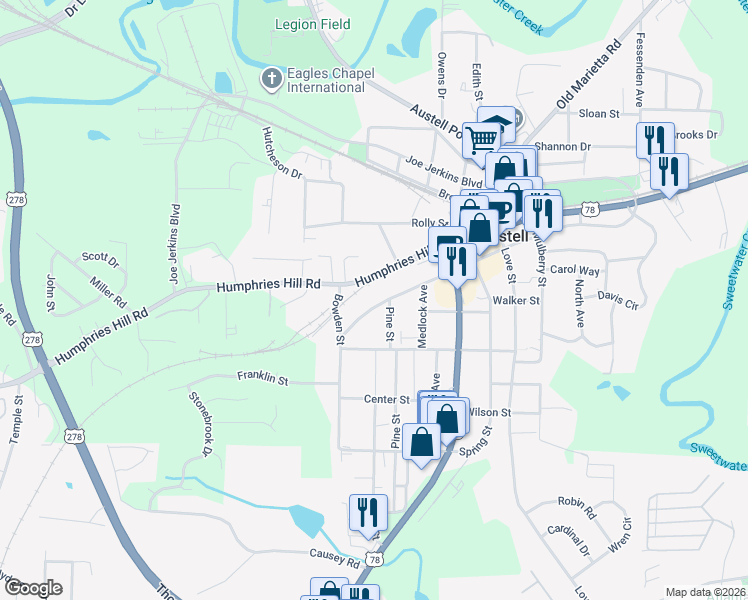 map of restaurants, bars, coffee shops, grocery stores, and more near 2966 Jefferson Street in Austell